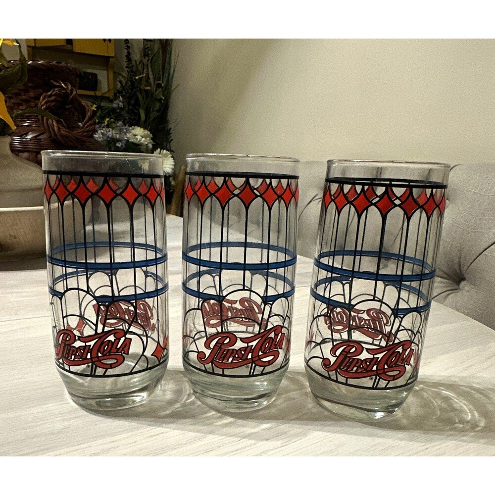Pepsi Set of 3 Pepsi-Cola Advertising Drinking Glasses Clear Red Blue